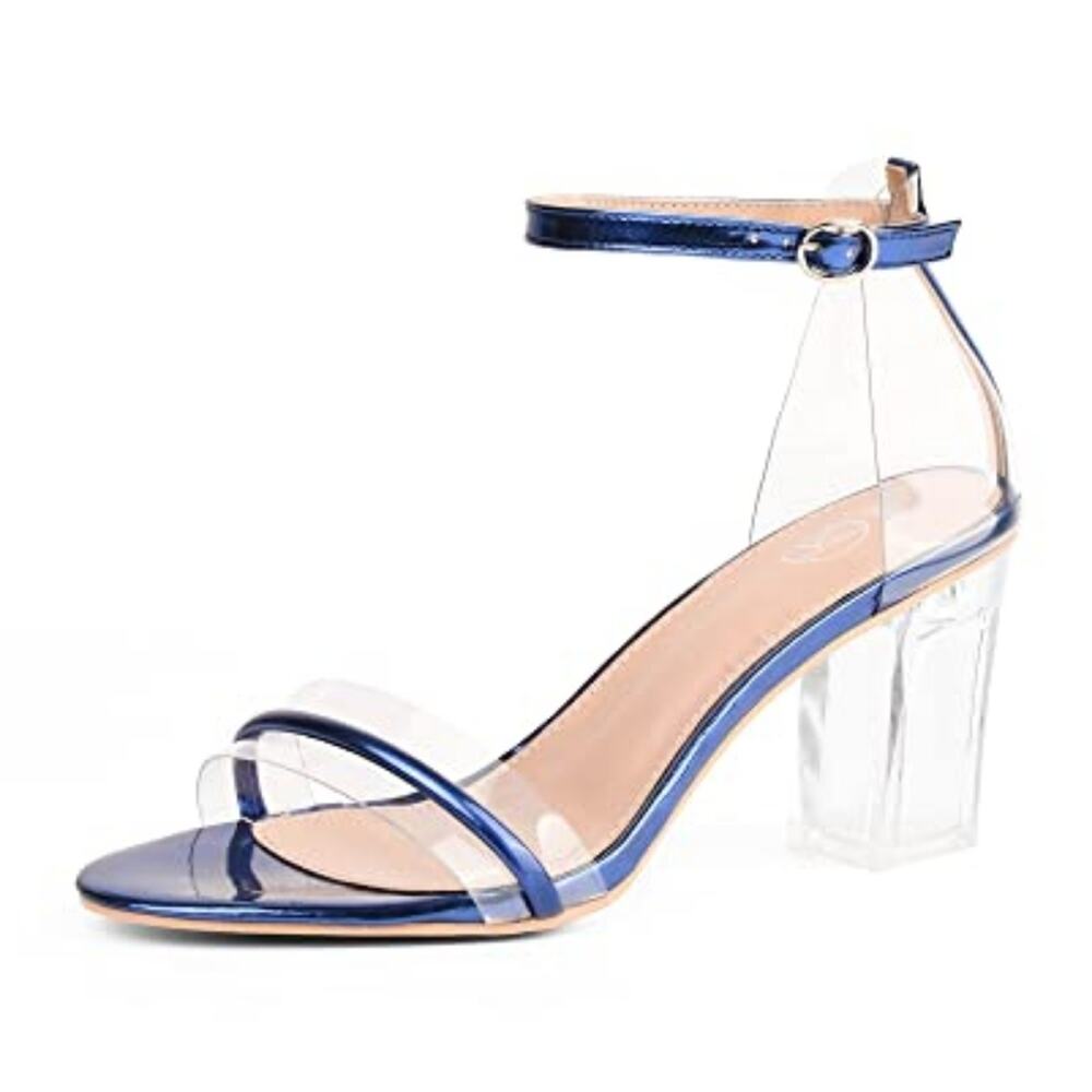 Clear Heels for Women‎ Sexy Block Heels Chunky Ankle Strap Non Slip Blue Size 6